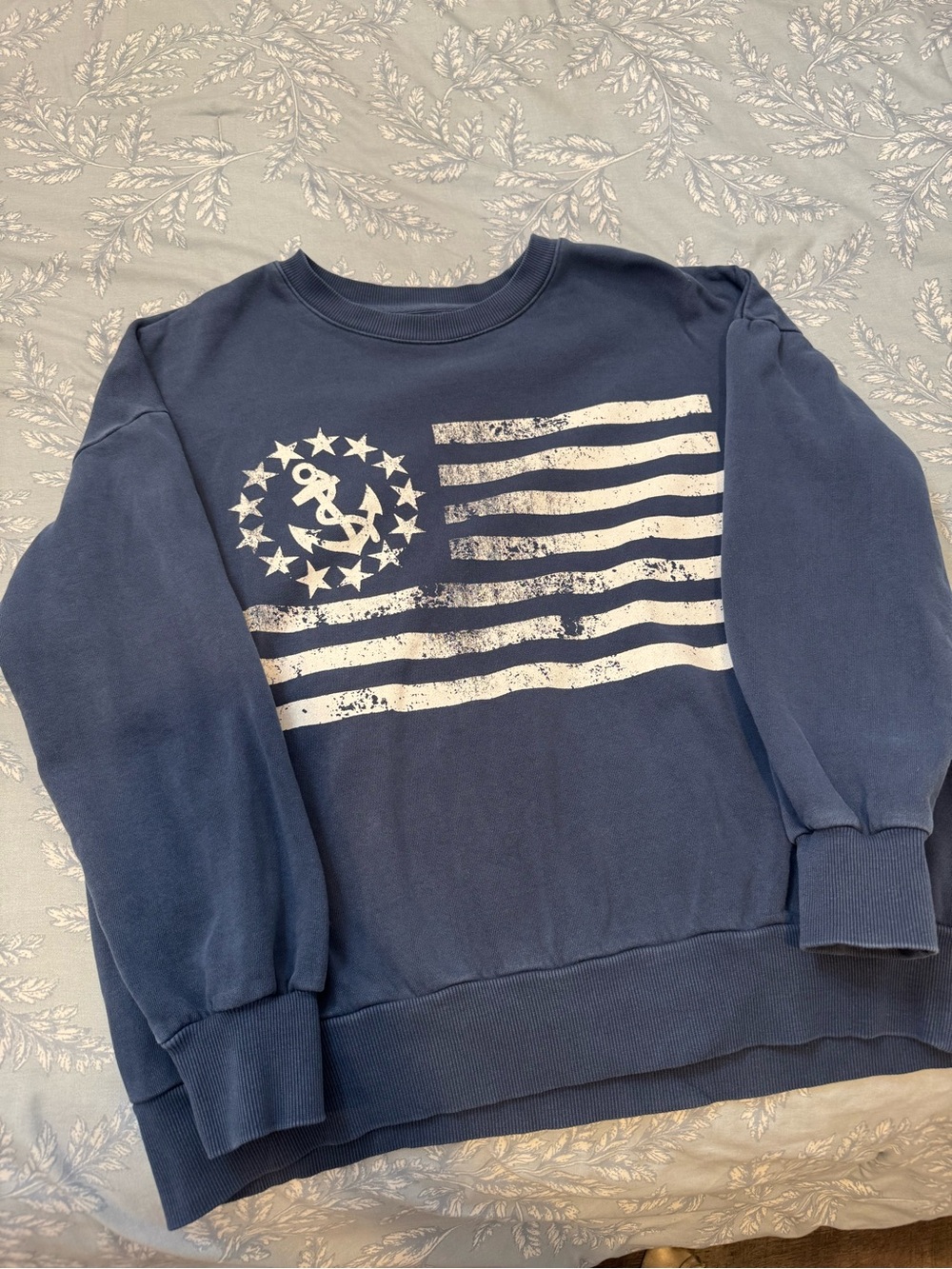 Z Supply Navy Crewneck with Distressed Anchor Flag Graphic